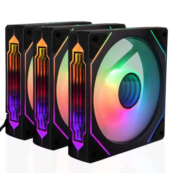 مجموعة من أربع مراوح تبريد لحاوية كمبيوتر (PC case) بتقنية ARGB مع إضاءات عمودية وفتحات دائرية.