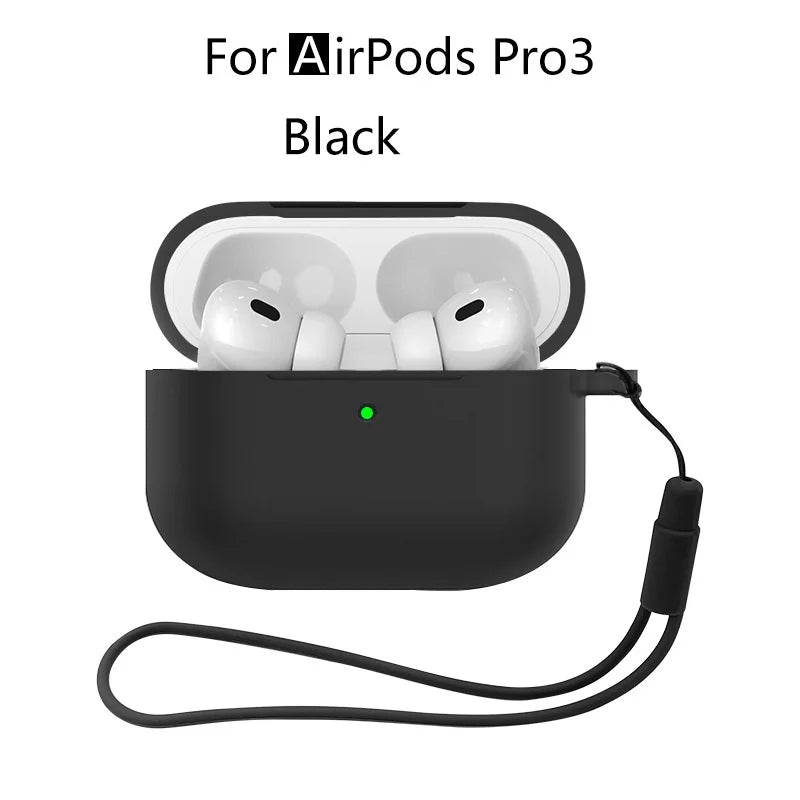 Black AirPods Pro 3 case with silicone protective cover and charging cable.