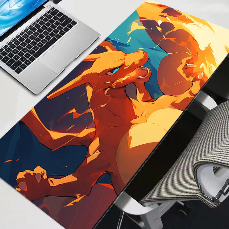 An XXL Gengar gaming mouse pad featuring a vibrant orange and blue dragon print on a desk mat.