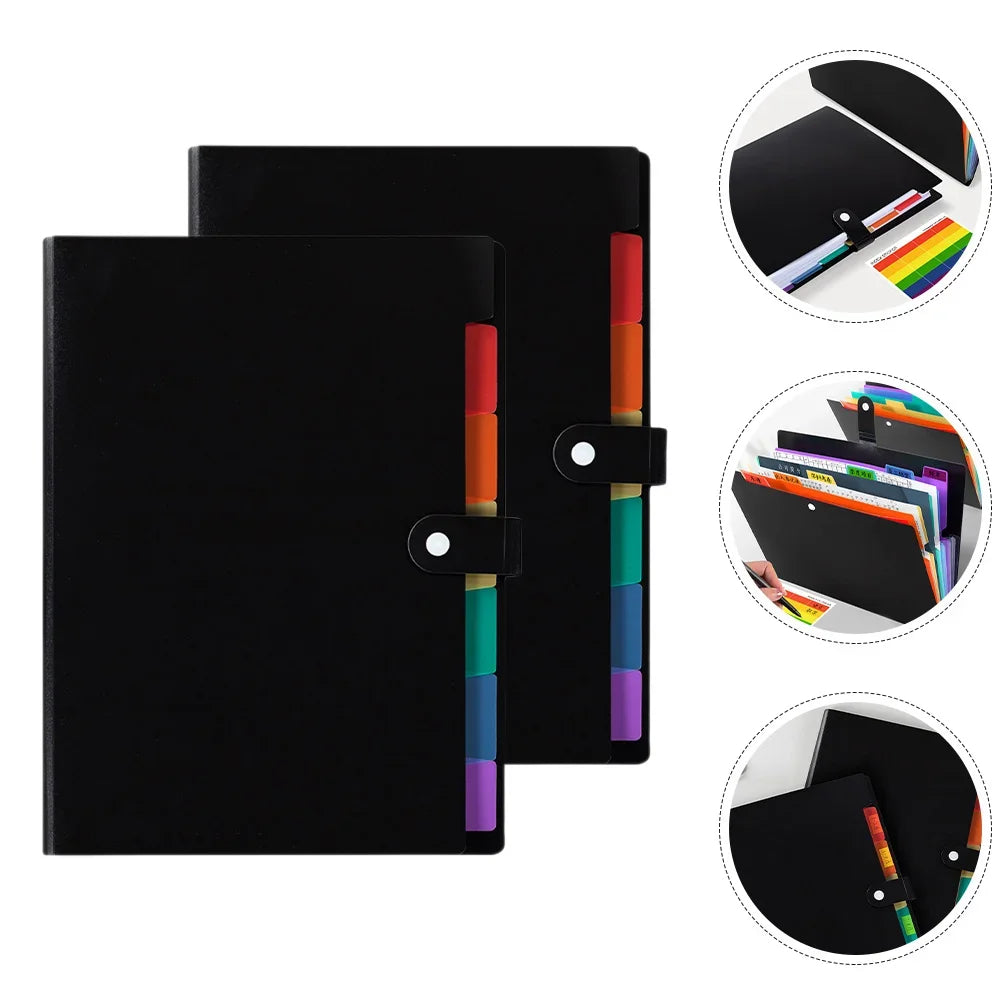 Black A4 7-story colorful document organizer bag with a clip closure and colorful folders visible.