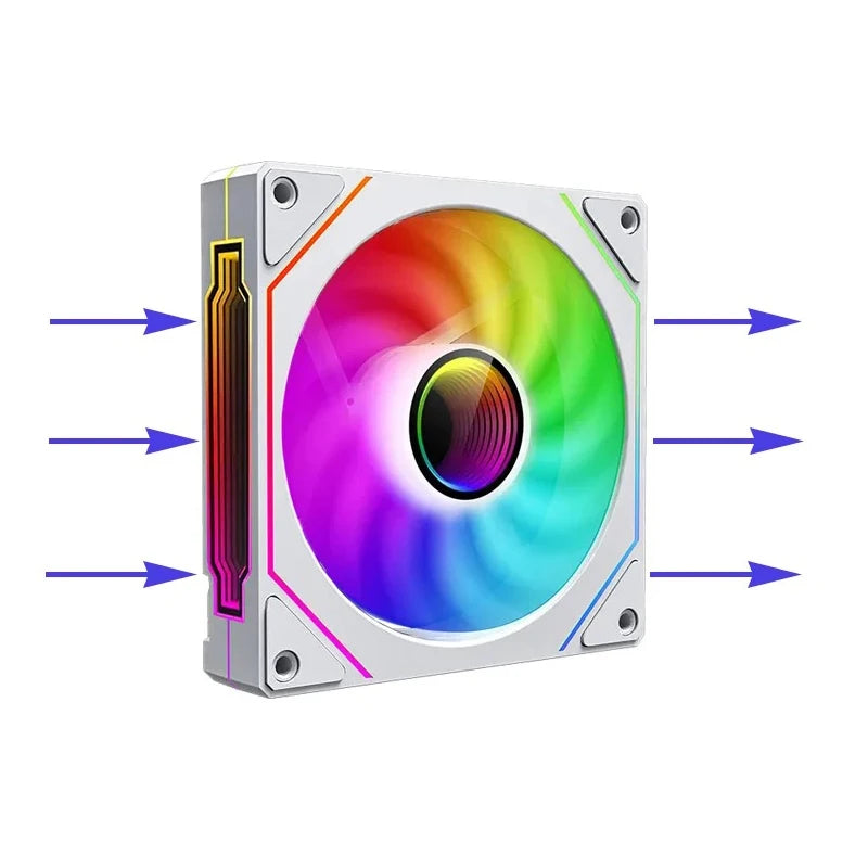 A white ARGB PC case cooling fan with a colorful, multi-spectrum blade and mounting brackets.