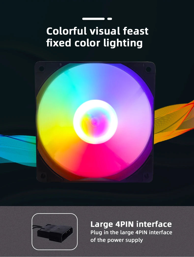 A close-up view of a computer cooling fan with colorful fixed color lighting and a large 4PIN interface for power supply conn