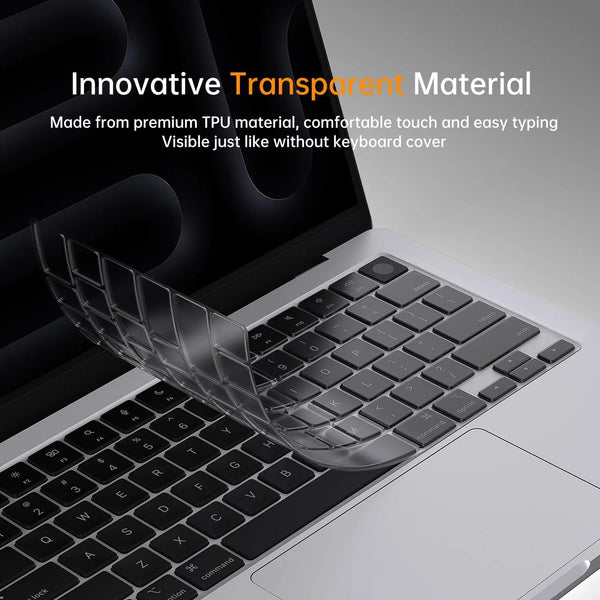 A transparent silicone keyboard cover for a MacBook Pro showing the keyboard and laptop surface.