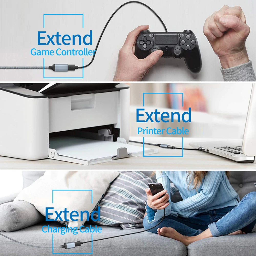 Various extension cables are shown extending game controllers, printer cables, and charging cables.