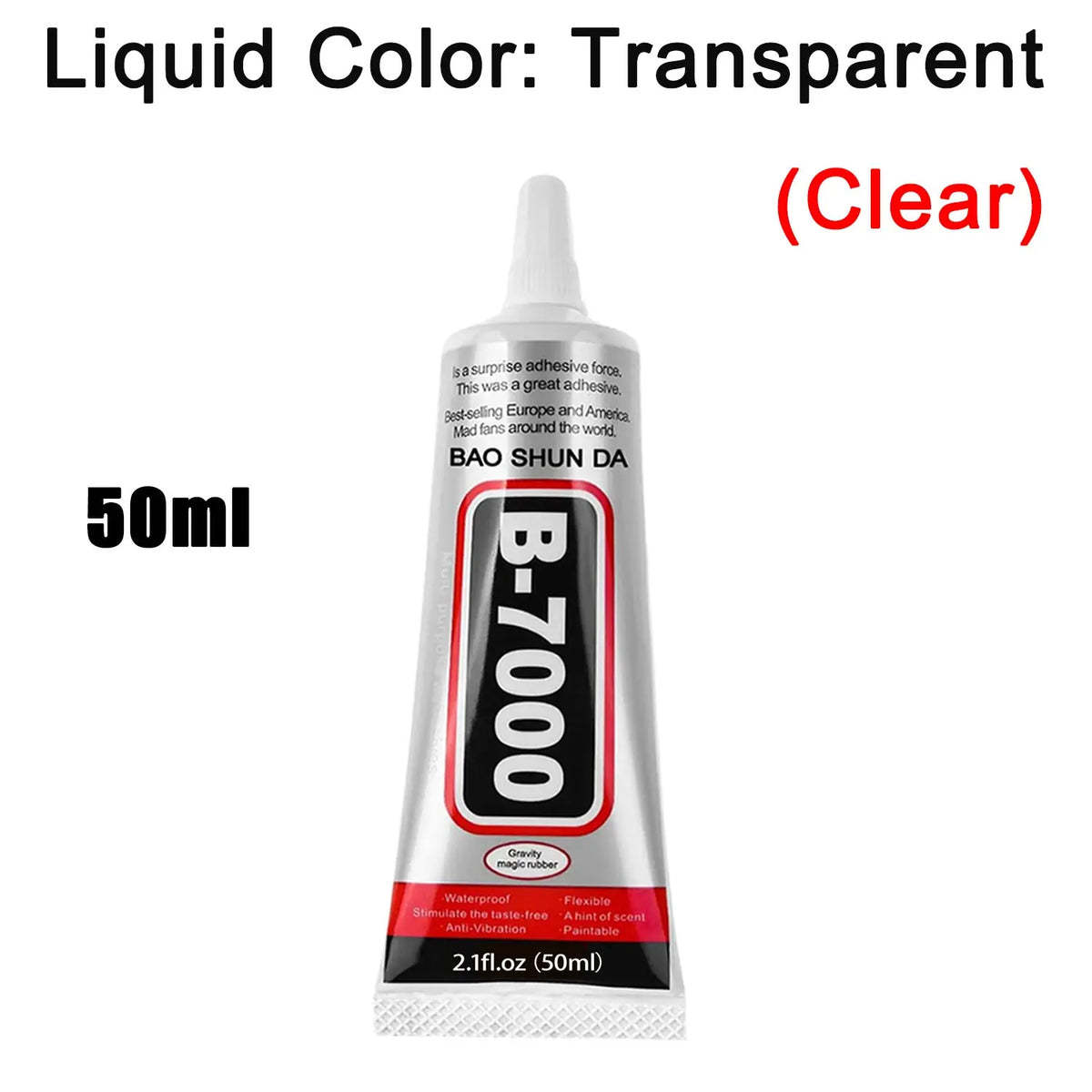 A bottle of B-7000 clear liquid adhesive with a white cap and label.
