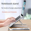 A portable and foldable laptop stand is shown with a hand adjusting the angle of a silver laptop.