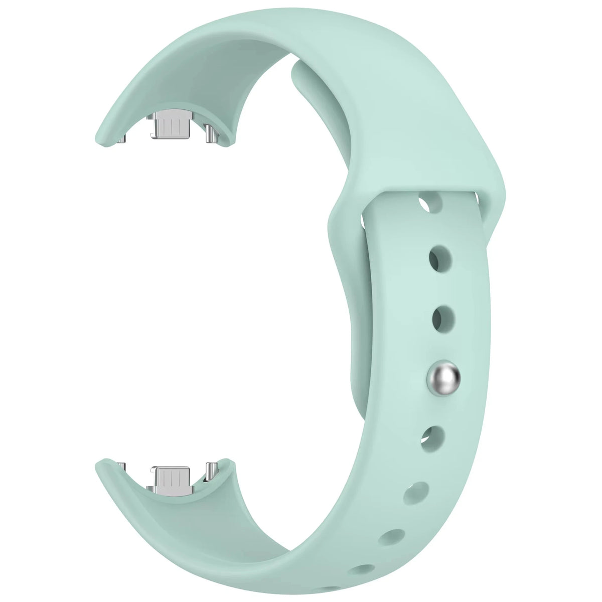 A light mint green silicone replacement strap for a Mi Band watch, shown in a curved form.
