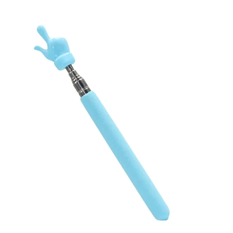 A light blue stainless steel telescopic teaching pointer with a rounded tip.