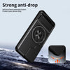 Black armor shockproof phone case with a camera cover and built-in kickstand shown against a snowy background.