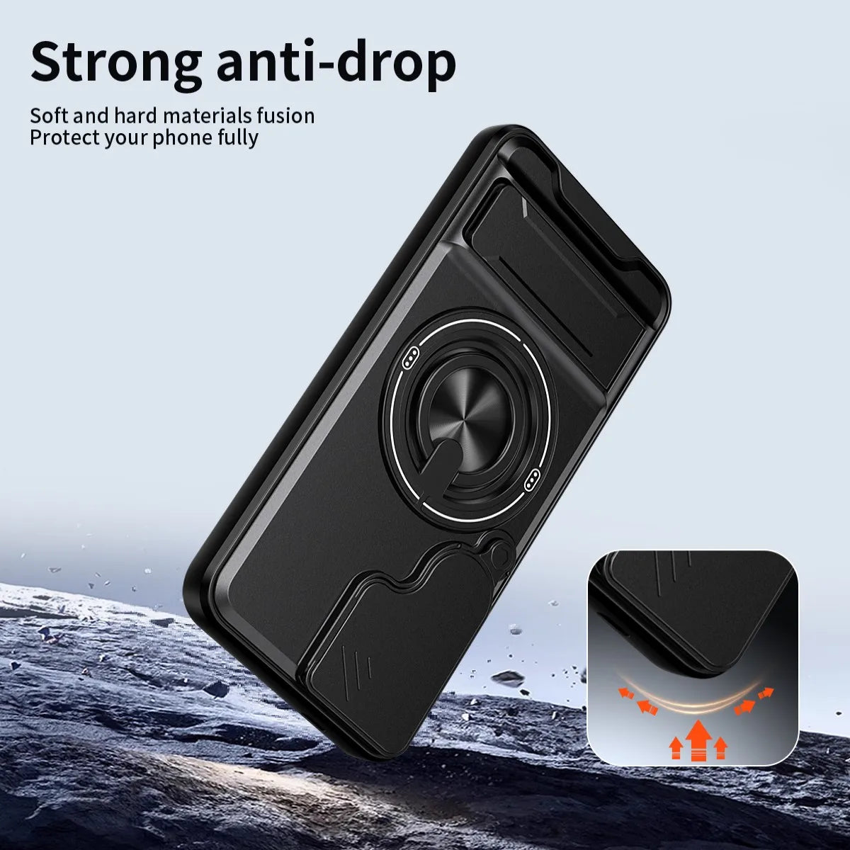 Black armor shockproof phone case with a camera cover and built-in kickstand shown against a snowy background.