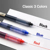 Three colored gel pens, black, blue, and red, are displayed on a white sheet of paper.