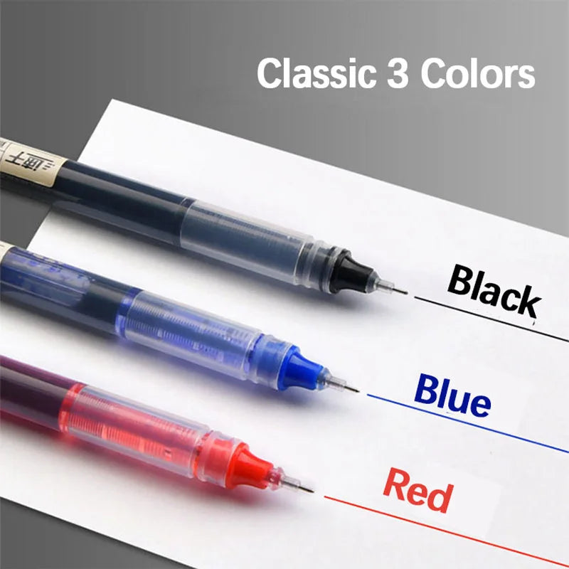 Three colored gel pens, black, blue, and red, are displayed on a white sheet of paper.