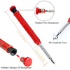 A red refillable woodworking marker pencil with a hidden design and a 2B graphite core, showing the sharpener mechanism.
