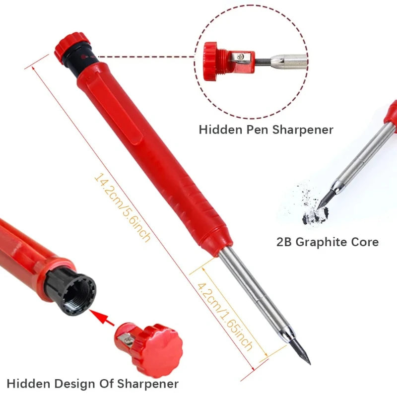 A red refillable woodworking marker pencil with a hidden design and a 2B graphite core, showing the sharpener mechanism.