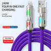 A purple fast charging cable with four connectors, featuring a colorful breathing lamp and PD240W output.