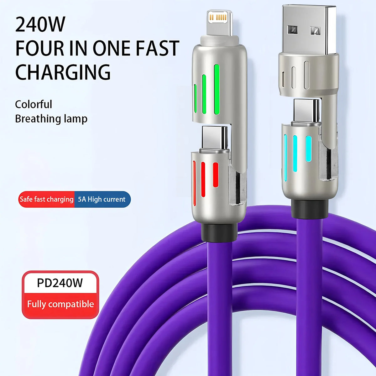 A purple fast charging cable with four connectors, featuring a colorful breathing lamp and PD240W output.