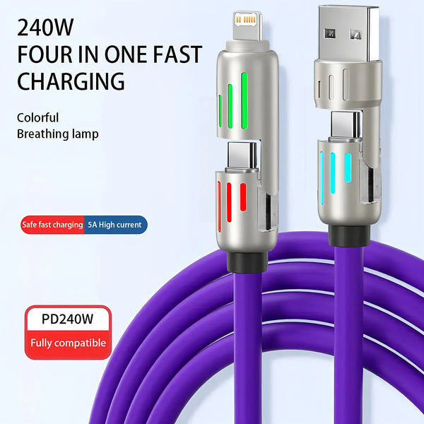 A purple fast charging cable with four connectors, featuring a colorful breathing lamp and PD240W output.