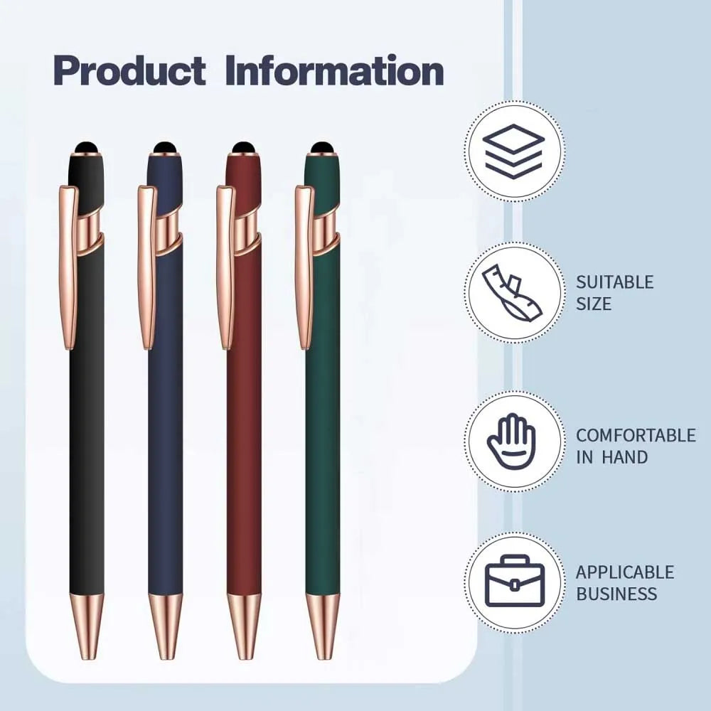 A set of four metal stylus pens in various colors, demonstrating different sizes and features.