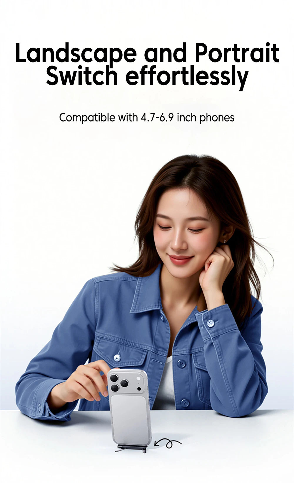 A woman is using a landscape and portrait switch adapter with a foldable stand on a smartphone.