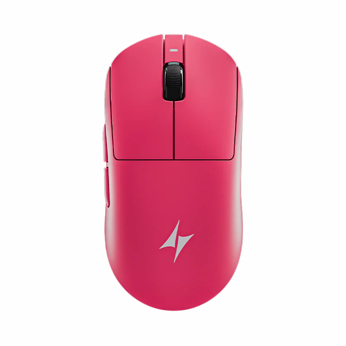 Pink ergonomische kabellose Gaming-Maus mit schwarzem Scrollrad und silbernem Blitz-Logo