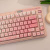 A pink PBT side-printed translucent keycap set for a mechanical keyboard is shown on a white surface.
