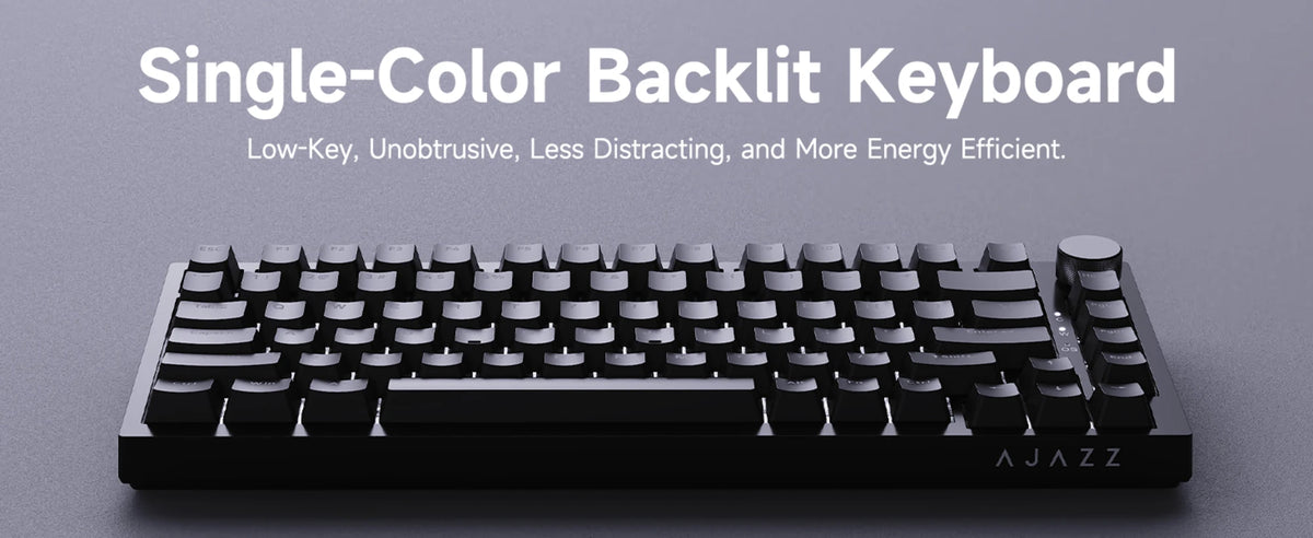 A close-up view of a black single-color backlit keyboard with low-profile keys and the AJAZZ logo visible.