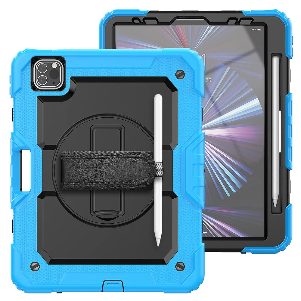 A blue rugged case for an iPad showing the device with a rotating kickstand and strap attached.