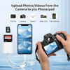 A close-up of a camera and various devices are shown alongside an iPhone demonstrating photo/video upload functionality.