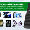 A black 130W USB-C laptop charger is shown next to various electronic devices like laptops and smartphones.