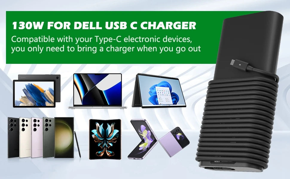 A black 130W USB-C laptop charger is shown next to various electronic devices like laptops and smartphones.