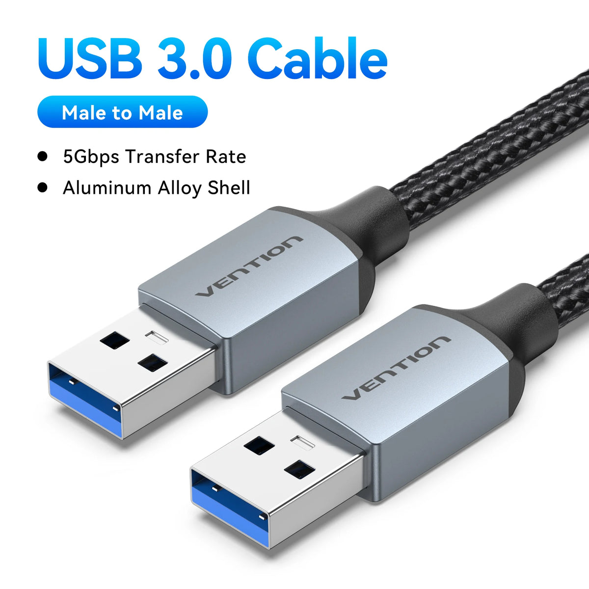 A male to male USB 3.0 cable with an aluminum alloy shell and black jacket is shown.