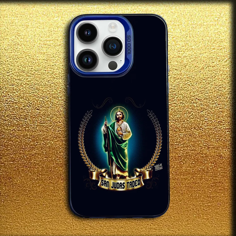 A dark blue iPhone case featuring a depiction of Saint Judas Tadeo with a halo and laurel wreath on the back.