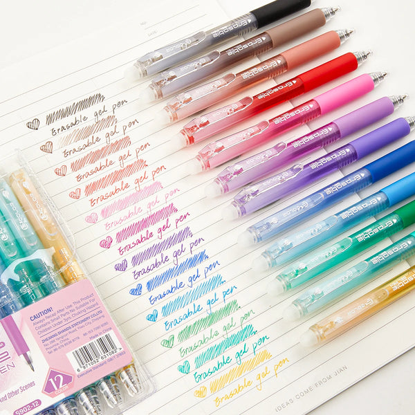 A collection of multicolor retractable gel pens in various shades and colors arranged on a white sheet.