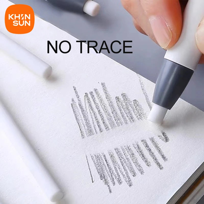 A hand is using a white retractable pencil eraser on a notebook page to remove a mark, demonstrating no trace.