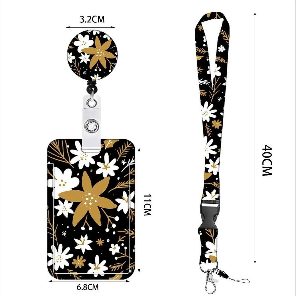 A floral patterned badge reel with a card holder and lanyard displayed against a white background.