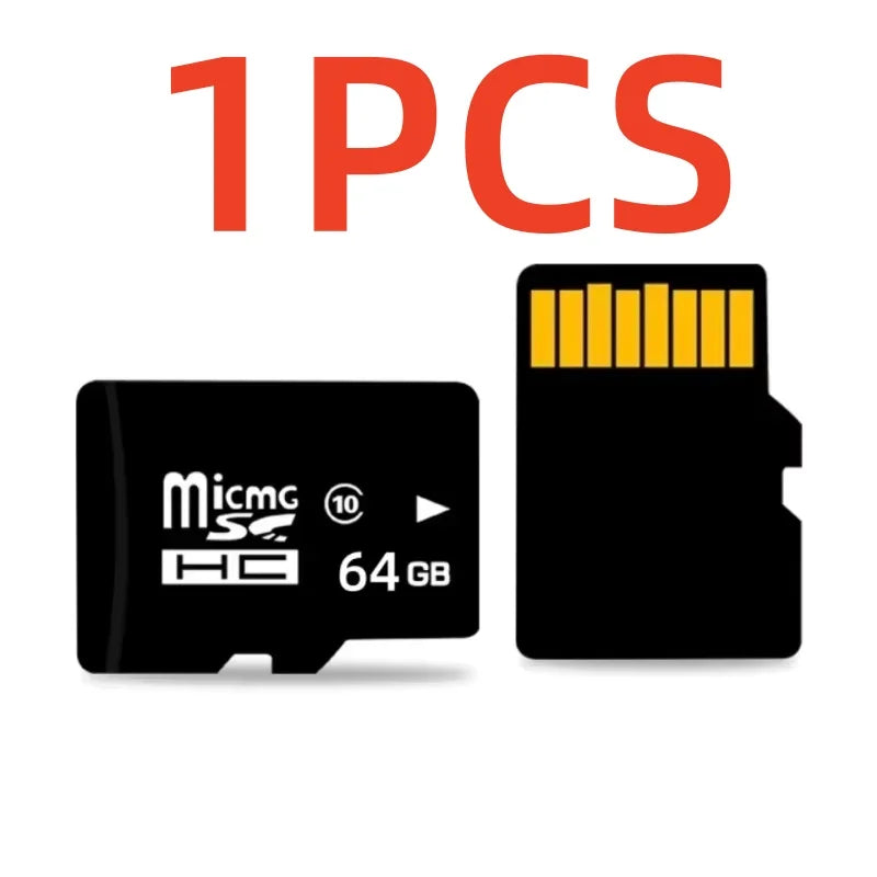One piece of a black MicroSD memory card with a yellow contact, labeled 64 GB.