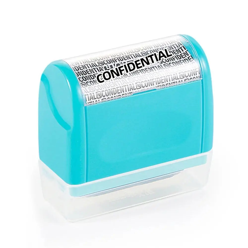 A clear plastic container holding a blue roller stamp with text on the lid for document security.