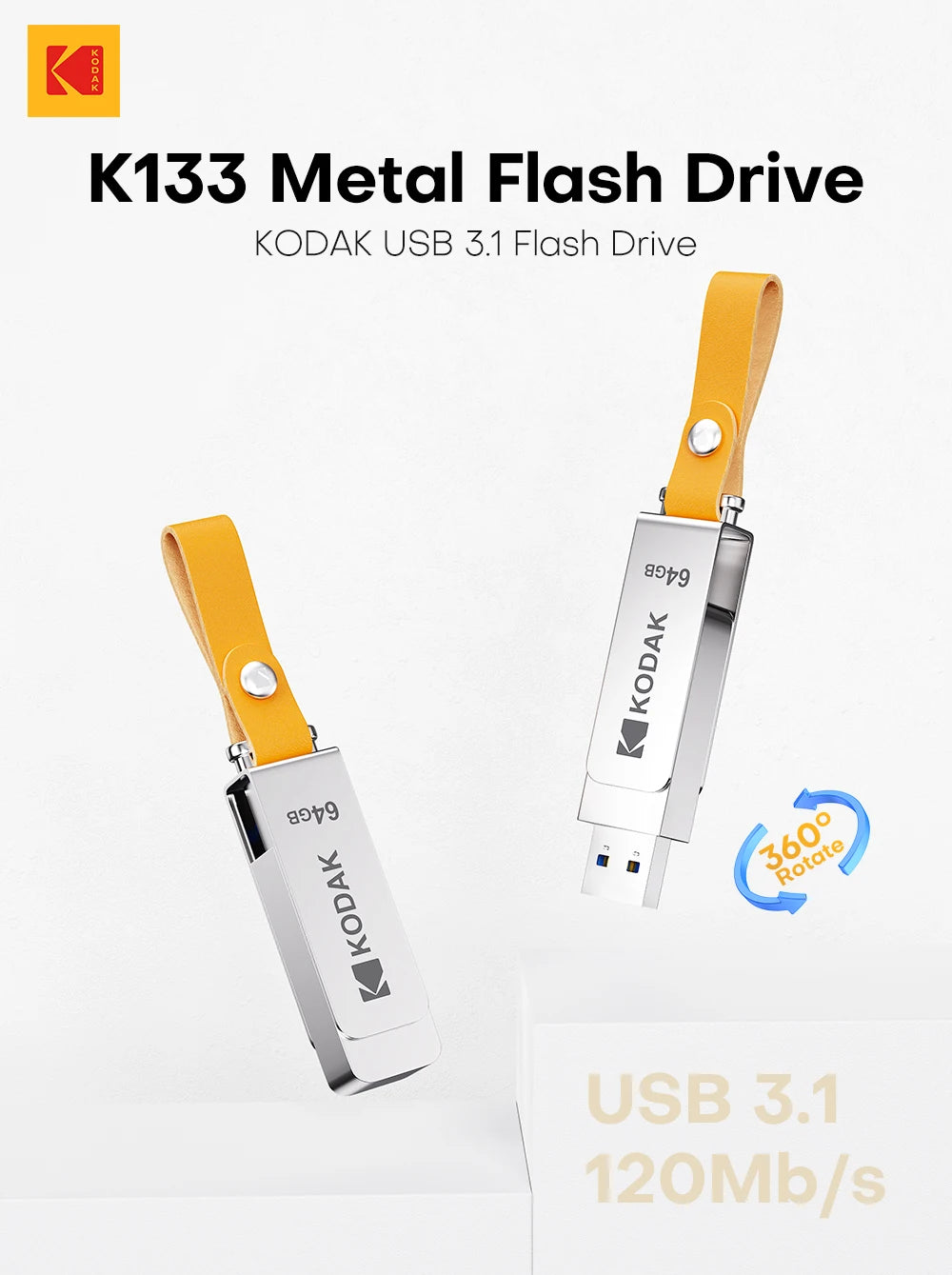 A silver Kodak USB 3.1 flash drive with an orange leather lanyard is shown against a white background.