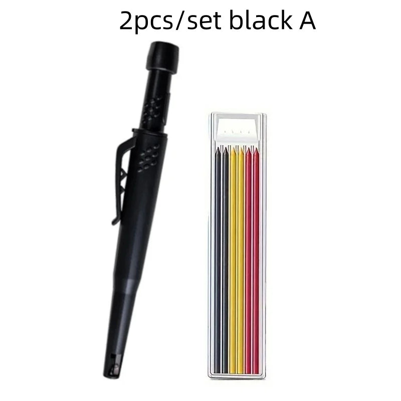 A set of two black carpenter pencils with built-in sharpeners.