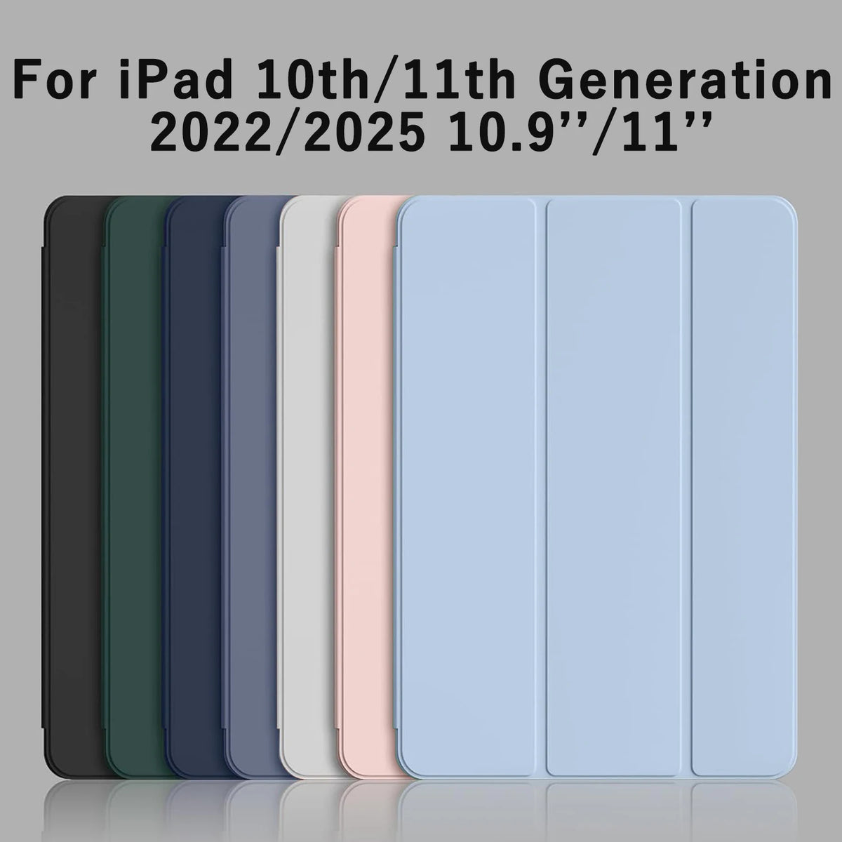 A row of magnetic tri-fold stand covers for iPad 10th/11th Generation in various colors.