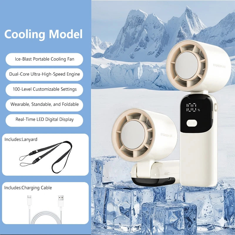 A white portable cooling fan with a detachable lanyard and charging cable displayed on ice cubes.