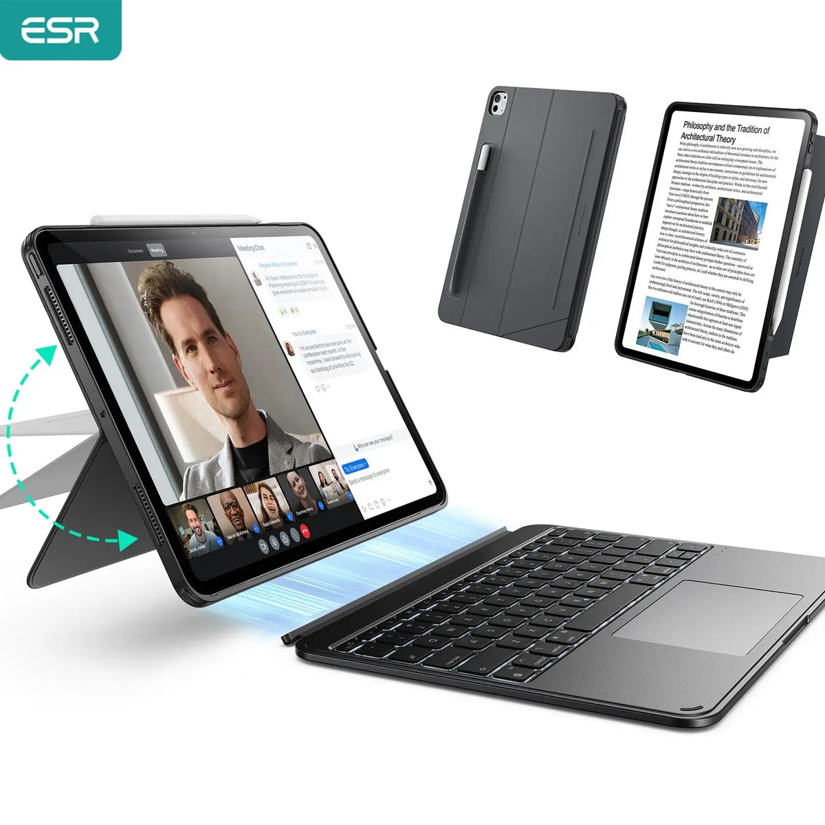 Una cubierta magnética desmontable negra para teclado de iPad Pro o Air, junto a una tableta y una laptop.