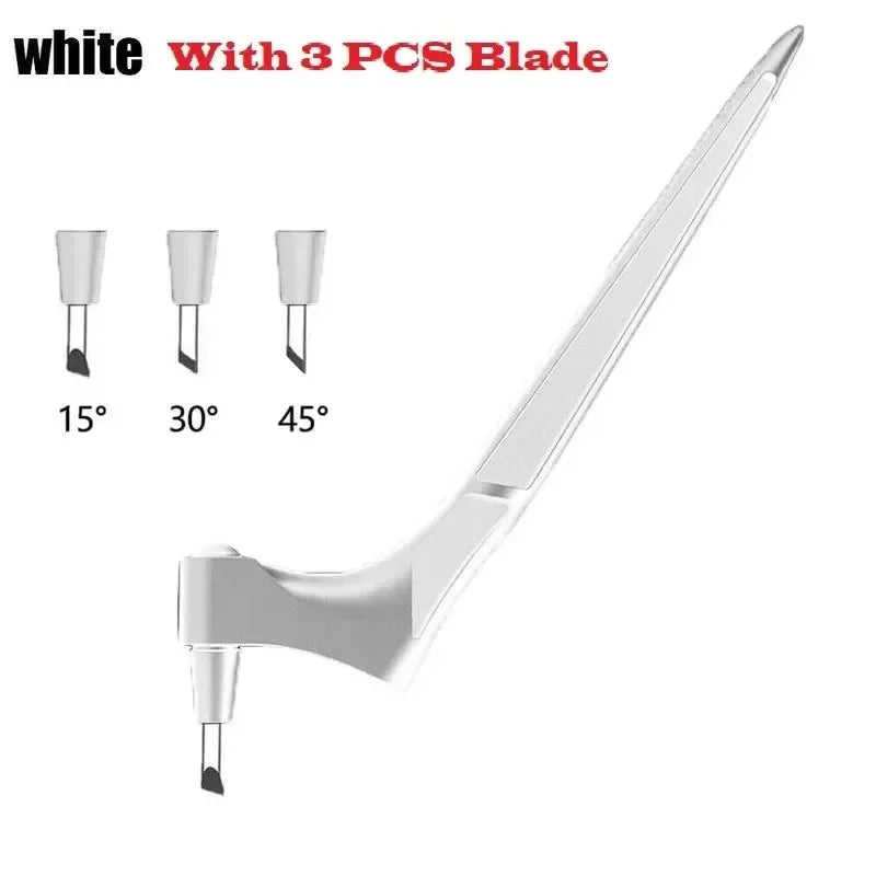 White art cutting tool set with three interchangeable blades at 15, 30, and 45 degrees
