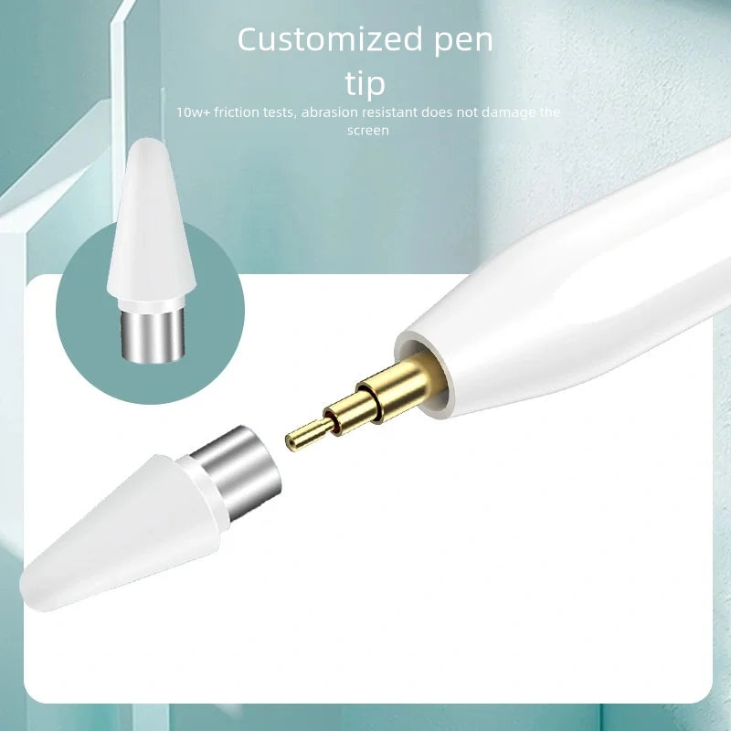 A white stylus pen tip is shown attached to a white pen body, demonstrating friction tests.