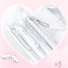 A set of four Kawaii Pearl Angel gel pens with white bodies and silver accents displayed on a heart-shaped background.