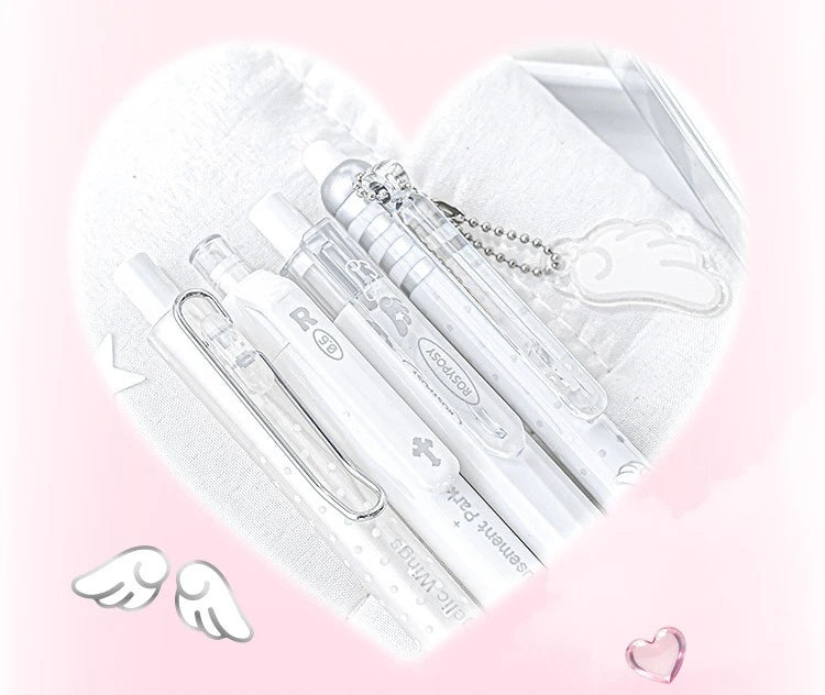 A set of four Kawaii Pearl Angel gel pens with white bodies and silver accents displayed on a heart-shaped background.