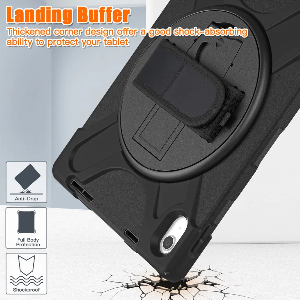 A black silicone shockproof case designed to protect a tablet, showing corner cushioning and impact resistance.