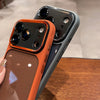 A clear shockproof case with camera lens protection for an iPhone, showing the back of the phone in a brown color.