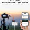 Una mano sostiene un smartphone mostrando un feed de Instagram, junto a una cámara y un adaptador lector plug and play.