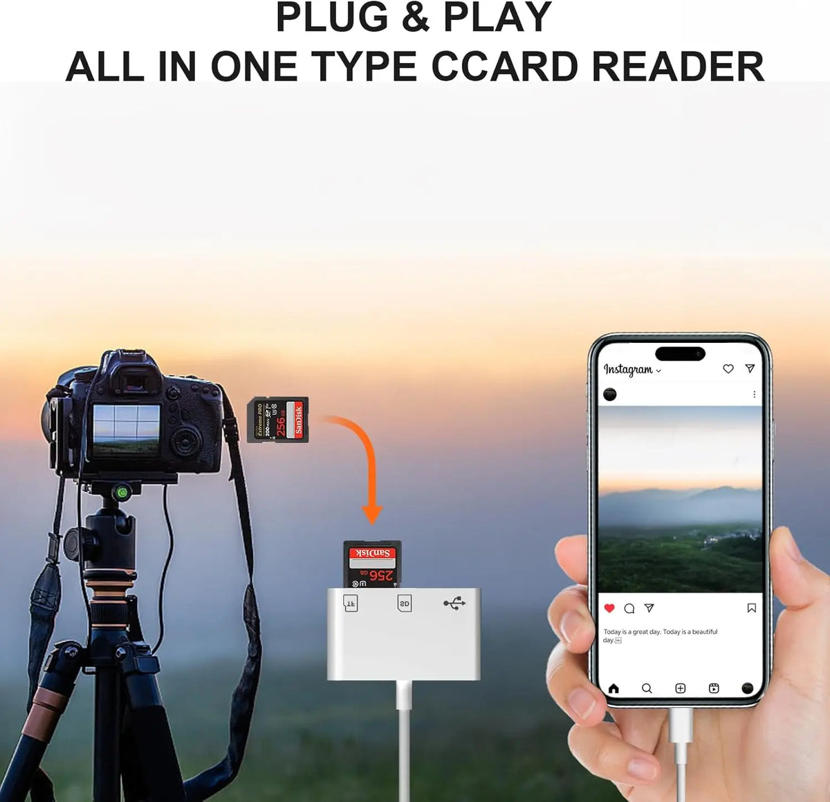 Una mano sostiene un smartphone mostrando un feed de Instagram, junto a una cámara y un adaptador lector plug and play.